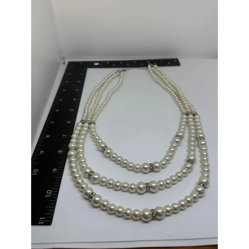 Triple Strand Faux Pearls Rhinestone Statement Necklace Layered Wedding Coquette